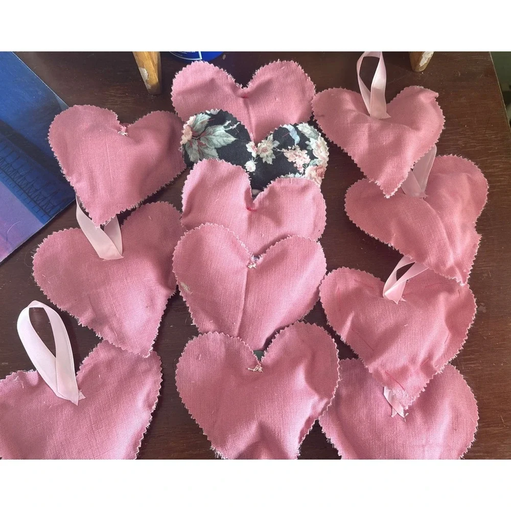 12 Handmade Hearts Bowl Filler Ornaments‎ Stuffed Pink Gingham Rose Floral